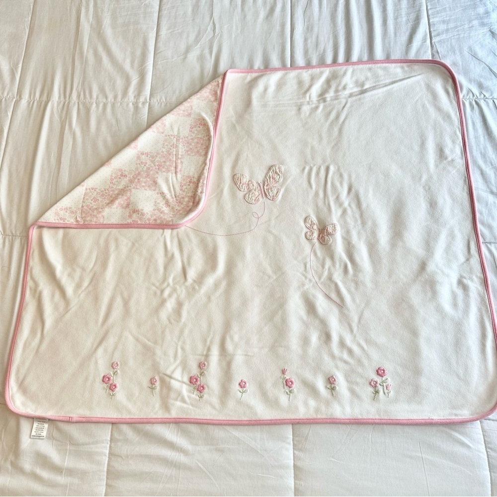 VTG Gymboree 2006 Garden Party Baby Blanket Pink White Floral Butterfly Applique